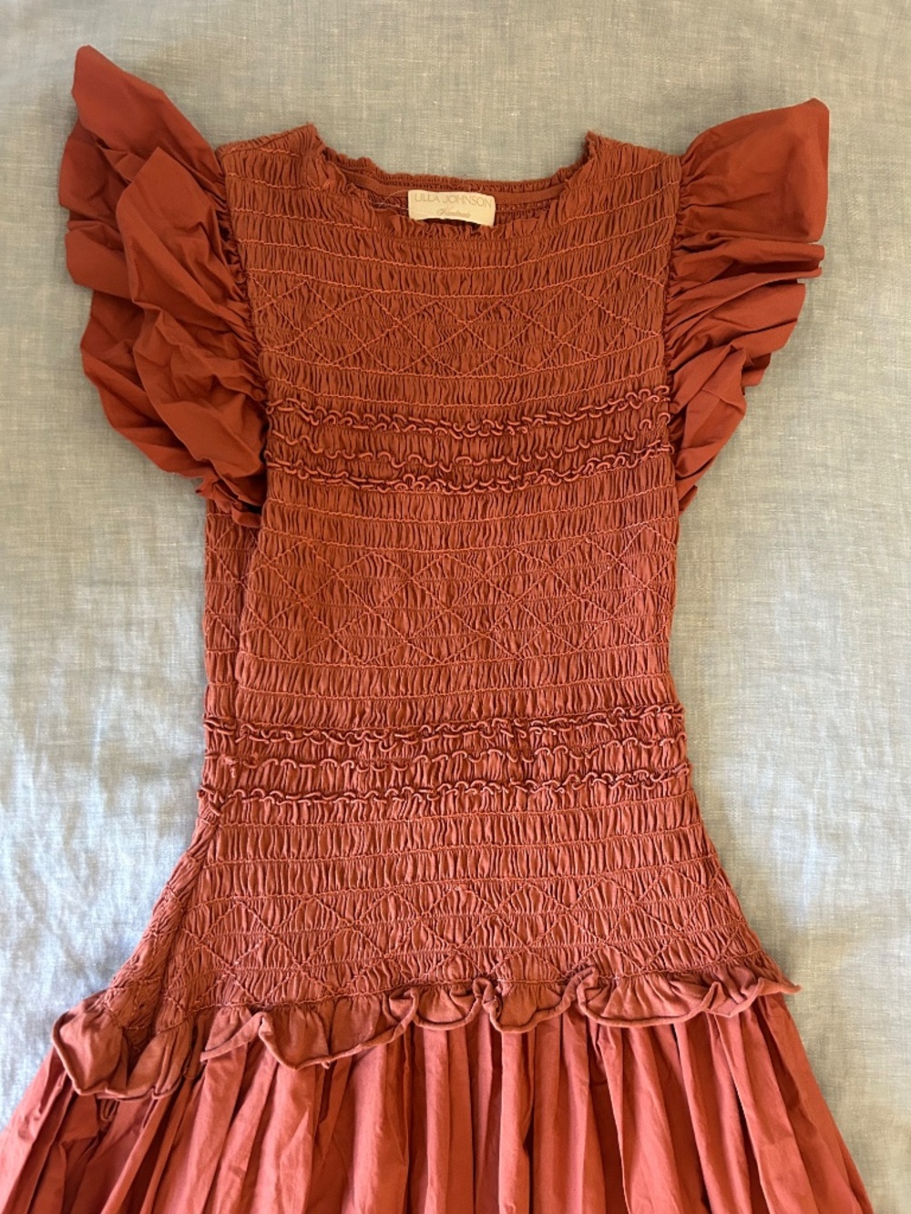 Ulla Johnson Madeline Smocked Flutter Sleeve Cotton Poplin & Jersey Midi Dress - Picture 8 of 15